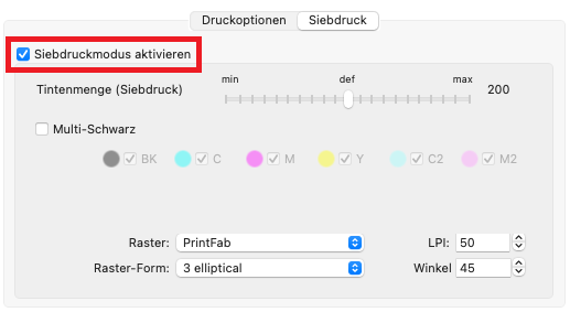 Siebdruckeinstellungen PrintFab 3